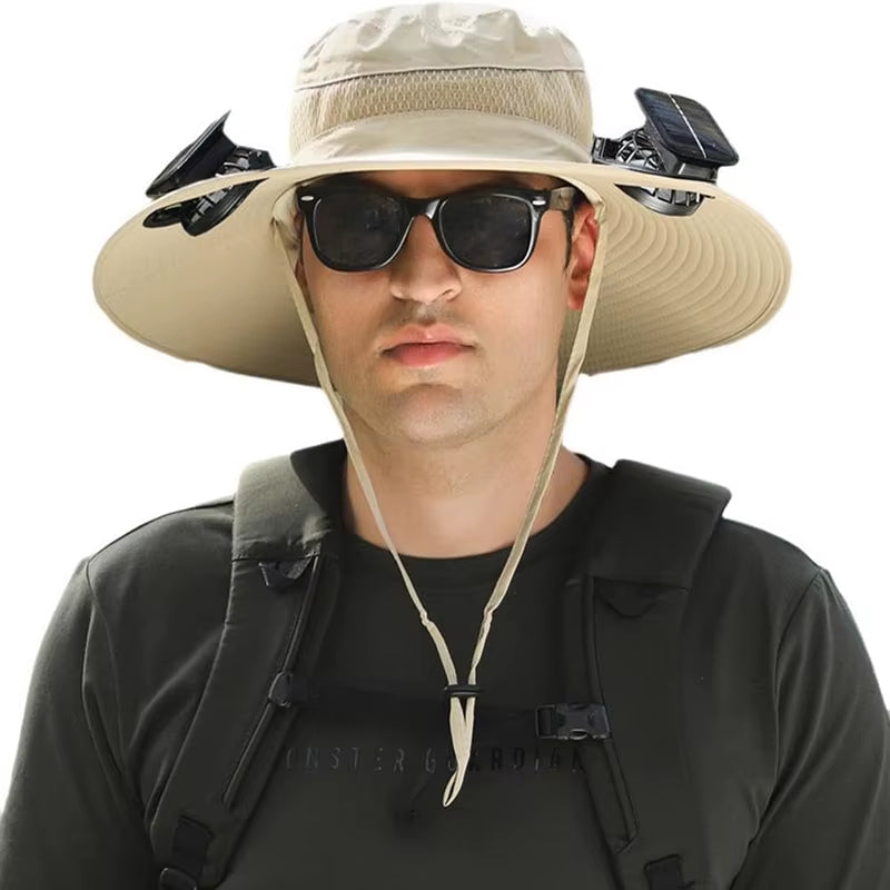 Ultimate Wide Brim Solar Fan Fishing Hat for Men - Stay Cool & Protected with UPF 50+!
