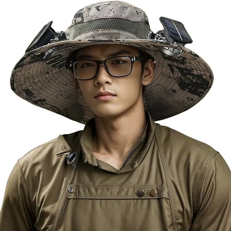 Ultimate Wide Brim Solar Fan Fishing Hat for Men - Stay Cool & Protected with UPF 50+!