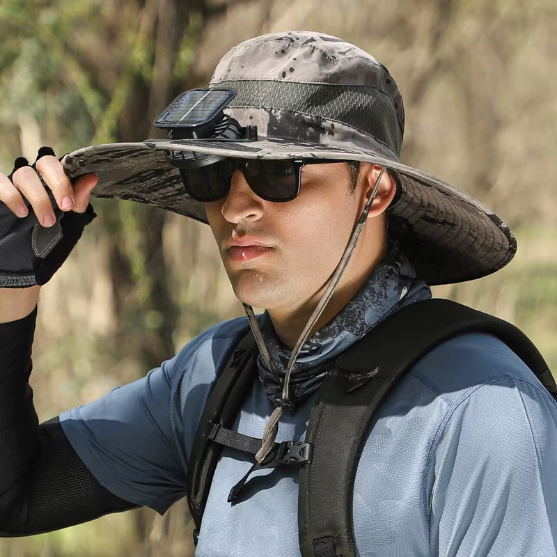 Ultimate Wide Brim Solar Fan Fishing Hat for Men - Stay Cool & Protected with UPF 50+!