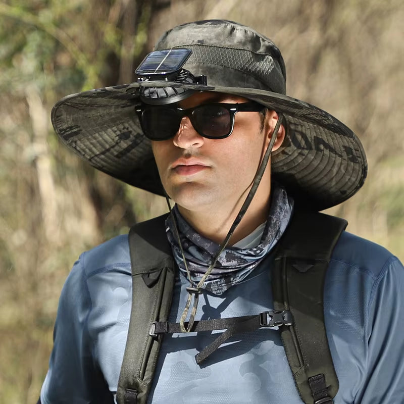 Ultimate Wide Brim Solar Fan Fishing Hat for Men - Stay Cool & Protected with UPF 50+!