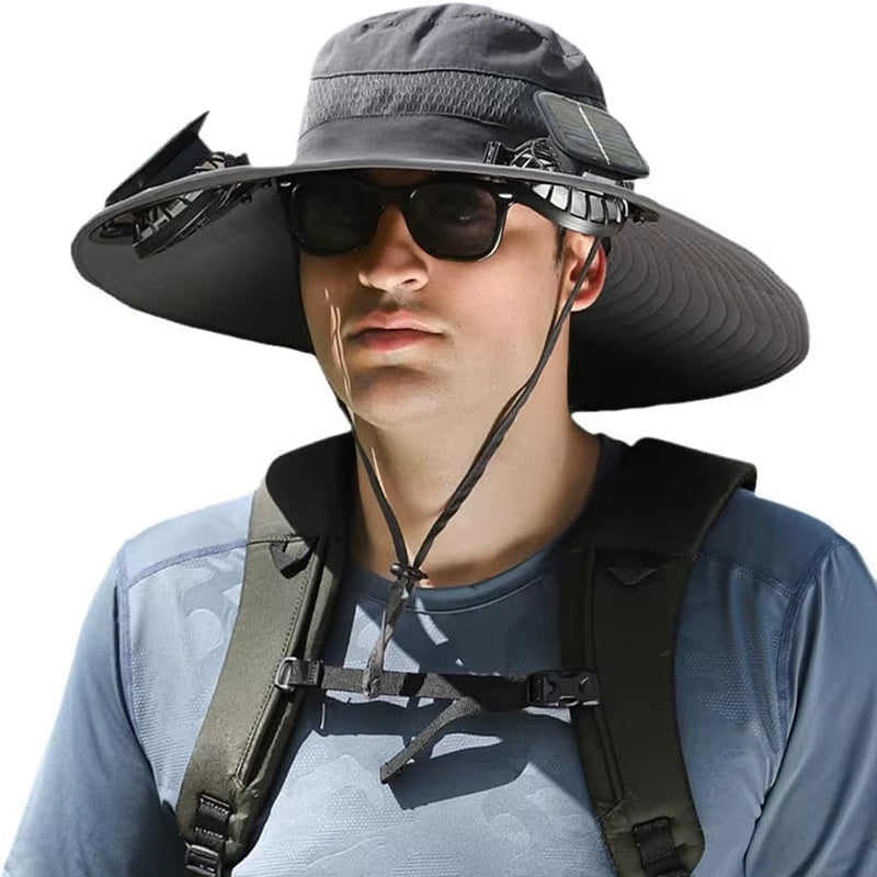 Ultimate Wide Brim Solar Fan Fishing Hat for Men - Stay Cool & Protected with UPF 50+!
