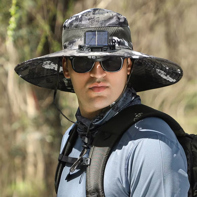 Ultimate Wide Brim Solar Fan Fishing Hat for Men - Stay Cool & Protected with UPF 50+!
