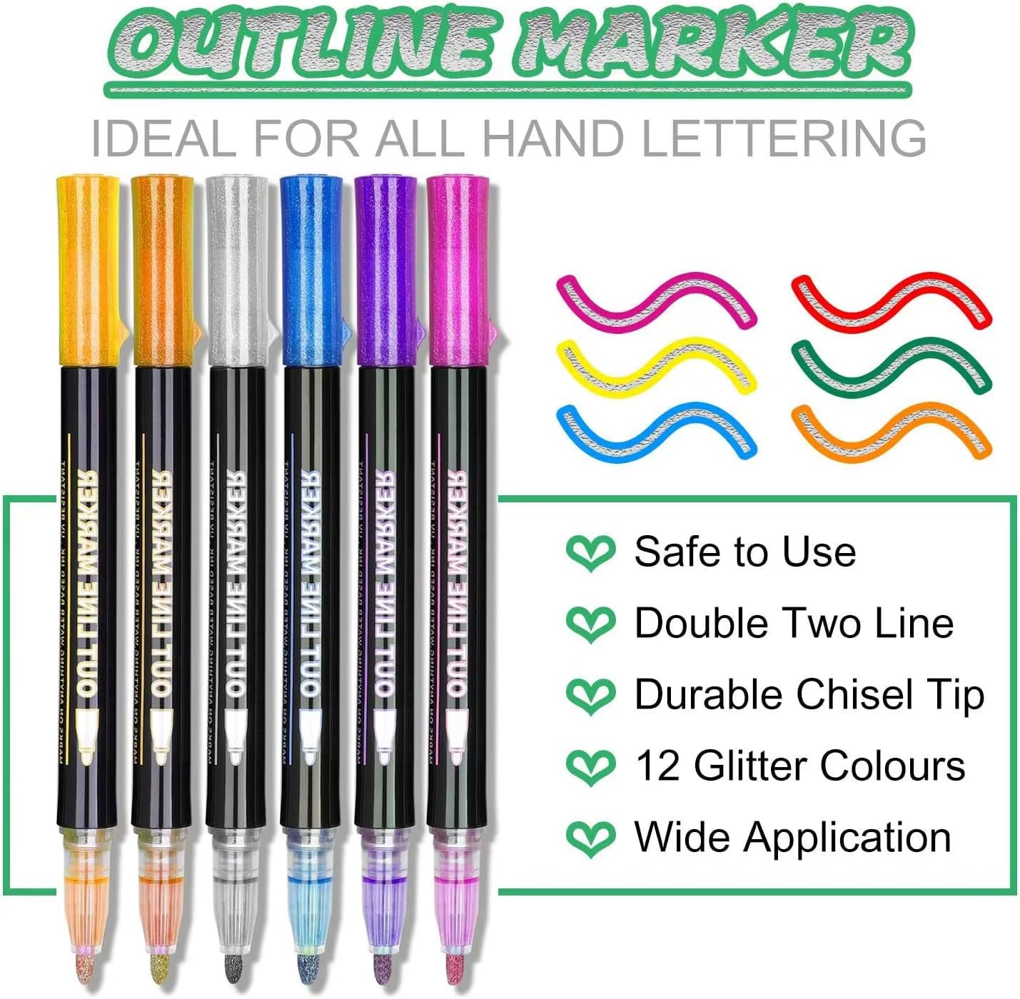 Vibrant 12-Color Shimmer Glitter Markers - Trendy Double Line Art Pens for Kids