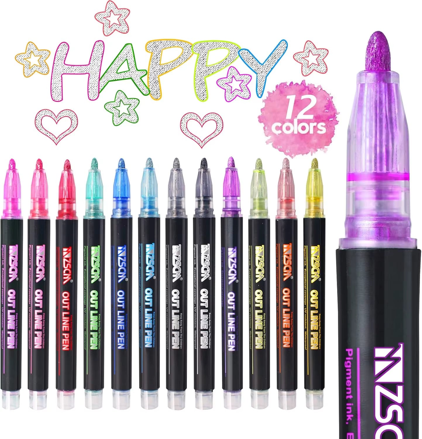 Vibrant 12-Color Shimmer Glitter Markers - Trendy Double Line Art Pens for Kids