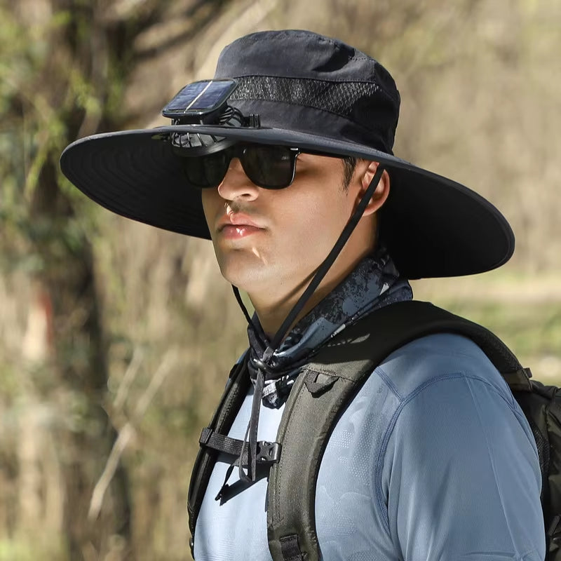 Ultimate Wide Brim Solar Fan Fishing Hat for Men - Stay Cool & Protected with UPF 50+!