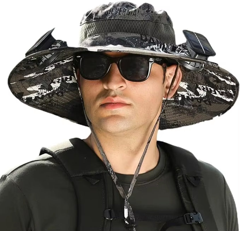 Ultimate Wide Brim Solar Fan Fishing Hat for Men - Stay Cool & Protected with UPF 50+!