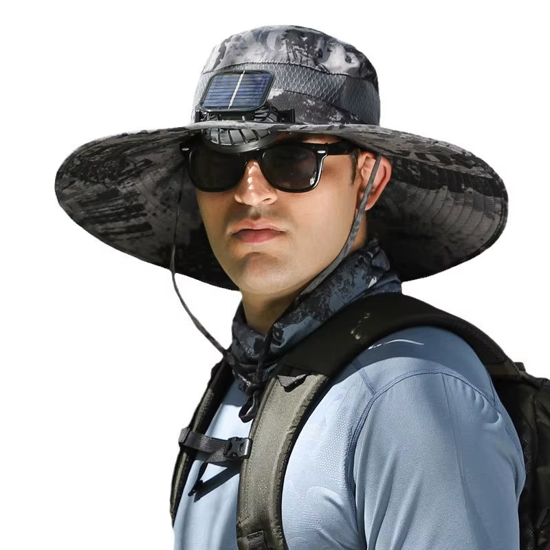 Ultimate Wide Brim Solar Fan Fishing Hat for Men - Stay Cool & Protected with UPF 50+!