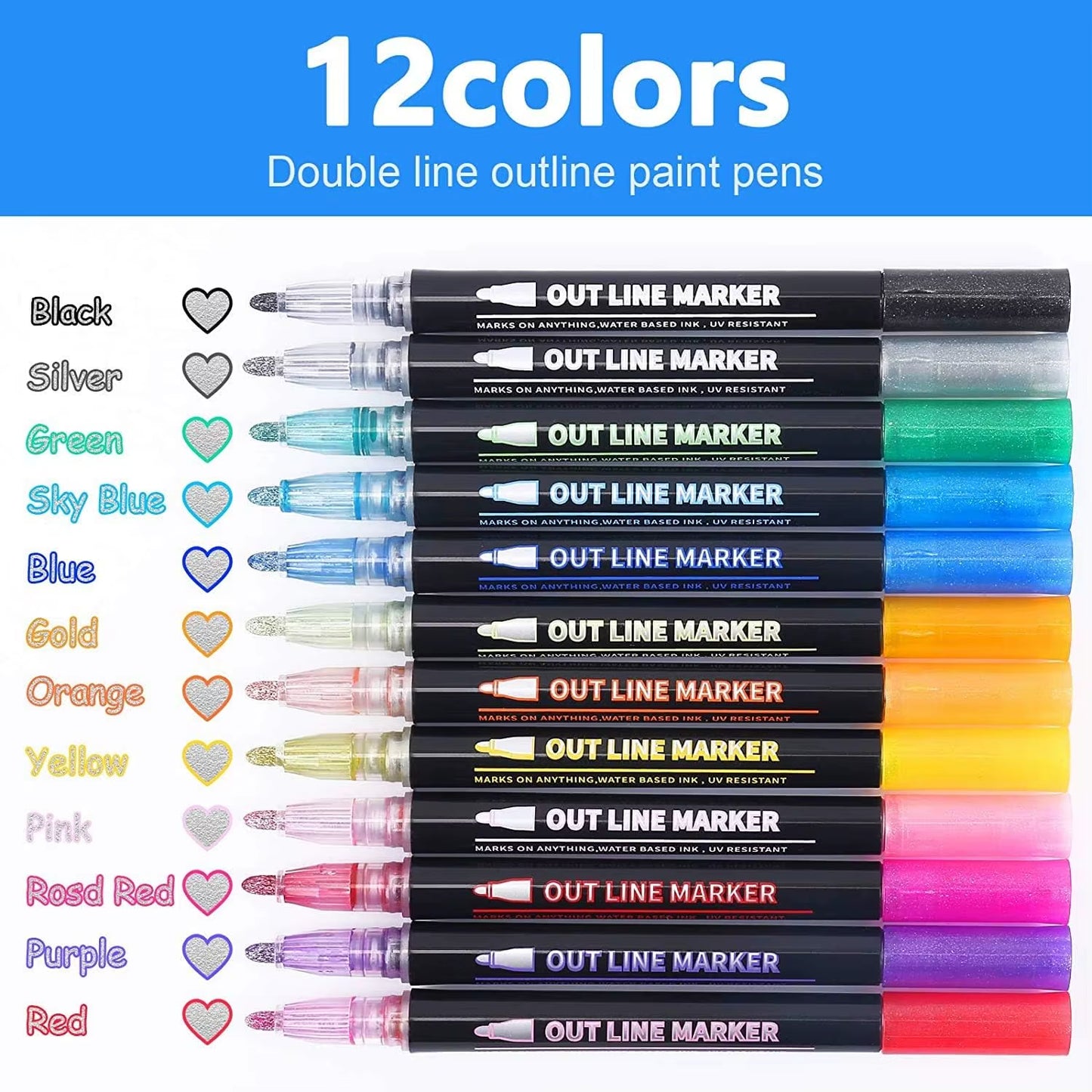 Vibrant 12-Color Shimmer Glitter Markers - Trendy Double Line Art Pens for Kids
