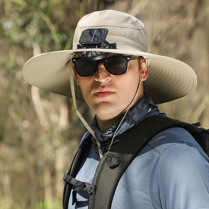 Ultimate Wide Brim Solar Fan Fishing Hat for Men - Stay Cool & Protected with UPF 50+!