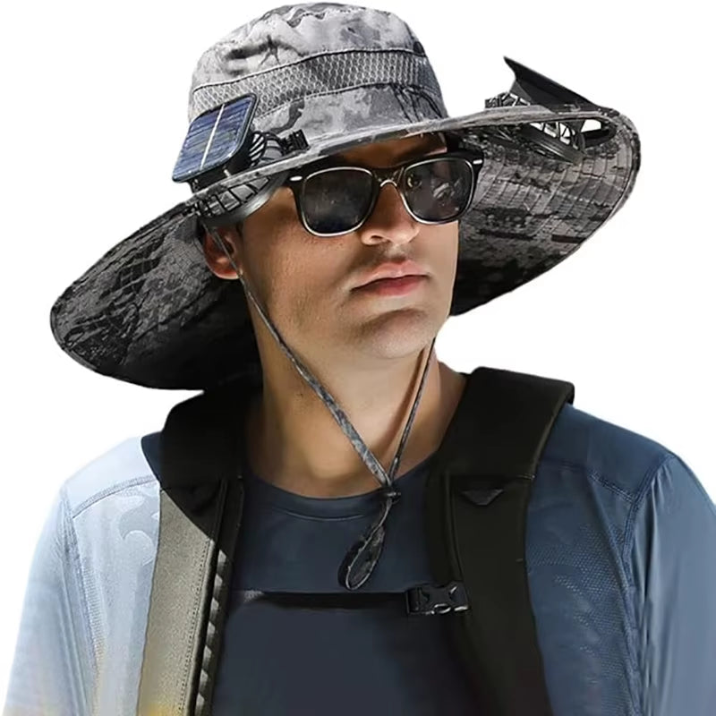Ultimate Wide Brim Solar Fan Fishing Hat for Men - Stay Cool & Protected with UPF 50+!