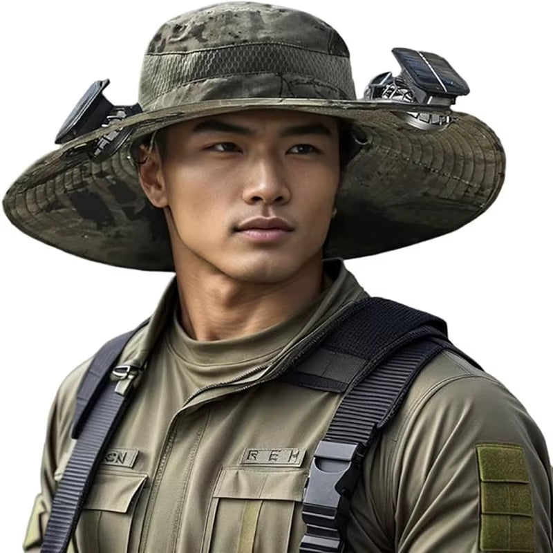 Ultimate Wide Brim Solar Fan Fishing Hat for Men - Stay Cool & Protected with UPF 50+!