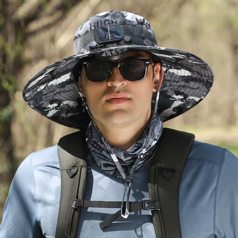 Ultimate Wide Brim Solar Fan Fishing Hat for Men - Stay Cool & Protected with UPF 50+!