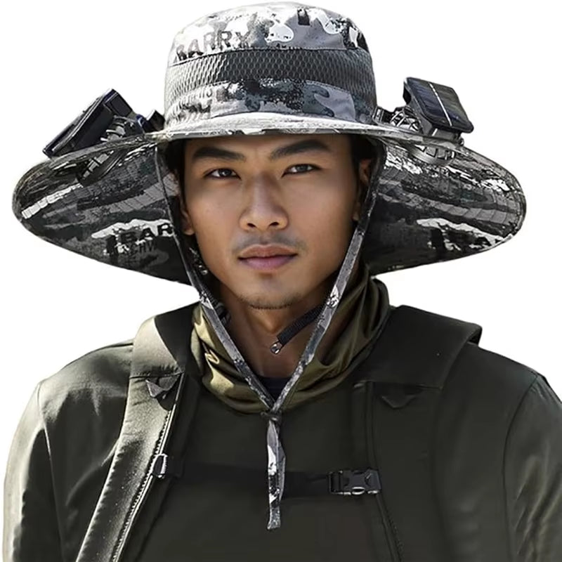 Ultimate Wide Brim Solar Fan Fishing Hat for Men - Stay Cool & Protected with UPF 50+!