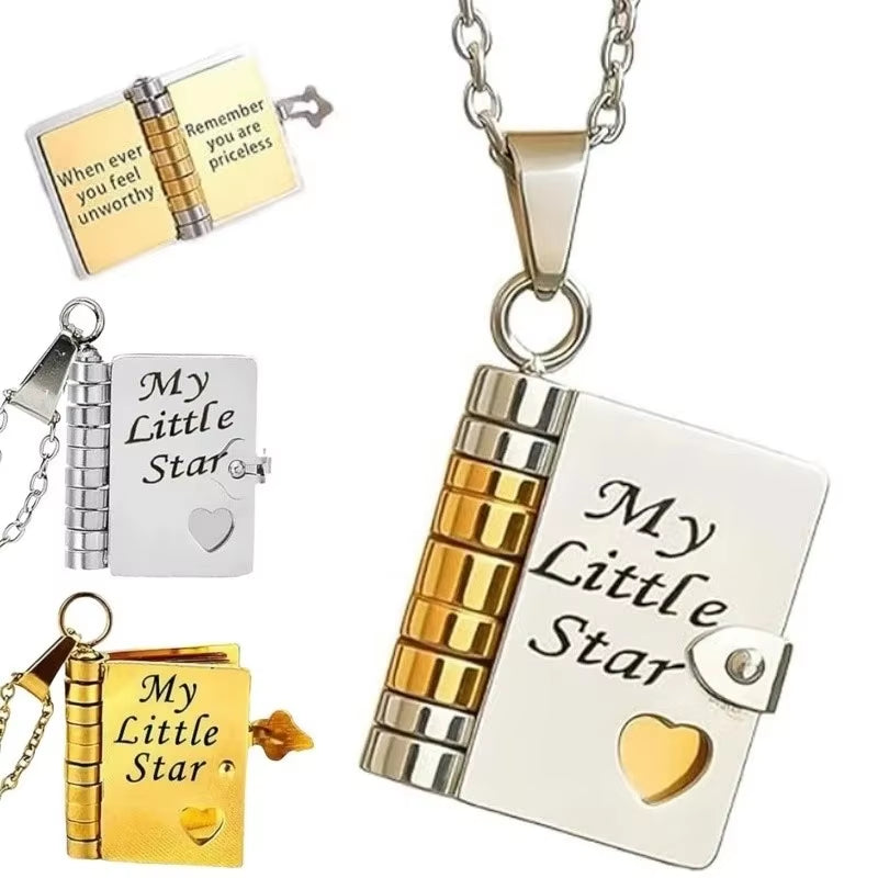 My Little Star Engraved Book Pendant Necklace for Daughter - Openable Pages Stainless Steel Birthday Gift