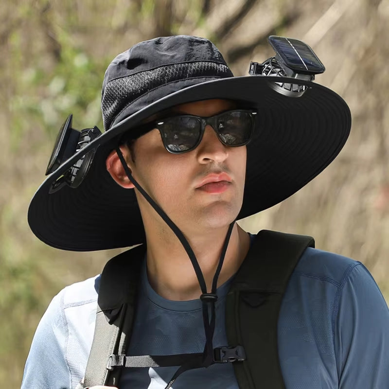 Ultimate Wide Brim Solar Fan Fishing Hat for Men - Stay Cool & Protected with UPF 50+!