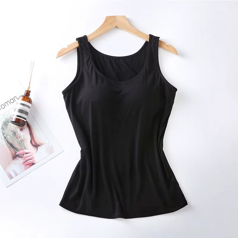 2023 Women's Slim Fit Vest Tops with Built-in Bra - Sexy Solid Color Padded Casual Tank Top