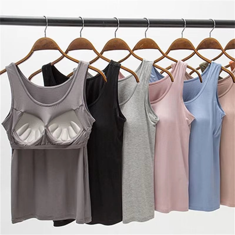 2023 Women's Slim Fit Vest Tops with Built-in Bra - Sexy Solid Color Padded Casual Tank Top