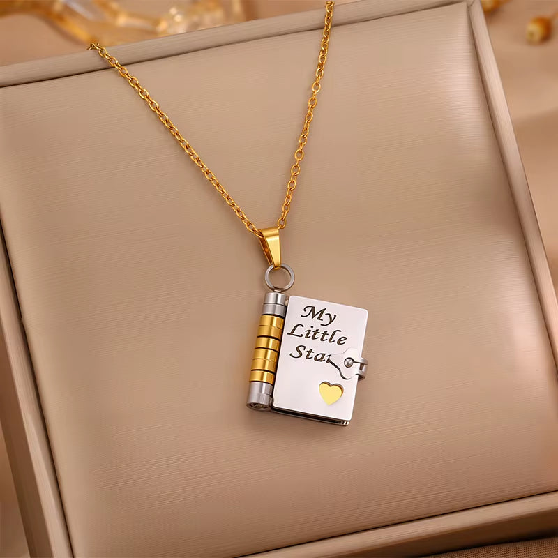 My Little Star Engraved Book Pendant Necklace for Daughter - Openable Pages Stainless Steel Birthday Gift