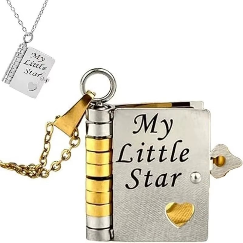 My Little Star Engraved Book Pendant Necklace for Daughter - Openable Pages Stainless Steel Birthday Gift
