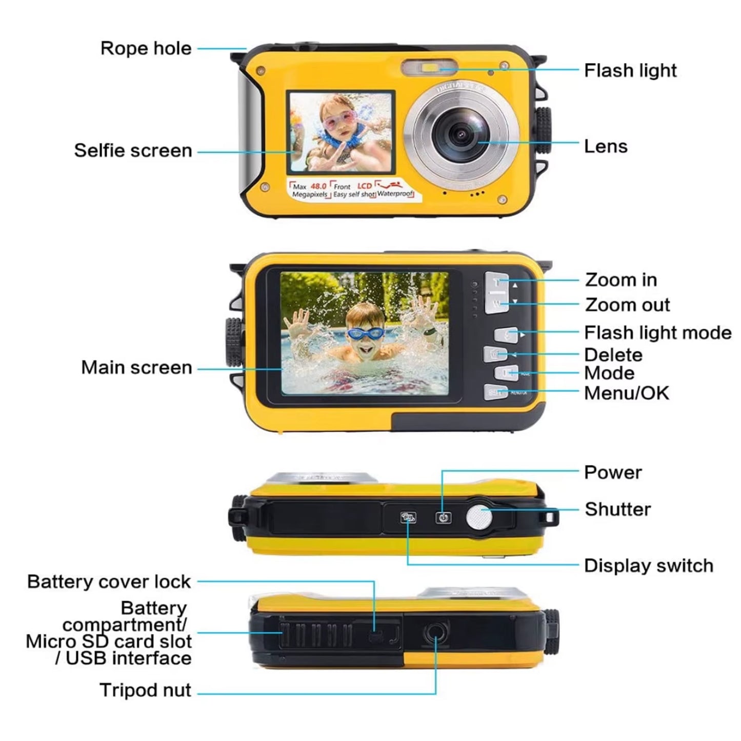 Explore Underwater Adventures with the 16X Dual Screen Waterproof HD Camera - 2.7K Video & 48MP Photos for Snorkeling Fun!