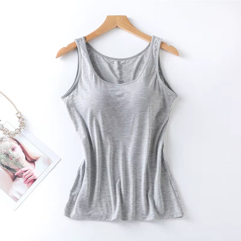 2023 Women's Slim Fit Vest Tops with Built-in Bra - Sexy Solid Color Padded Casual Tank Top