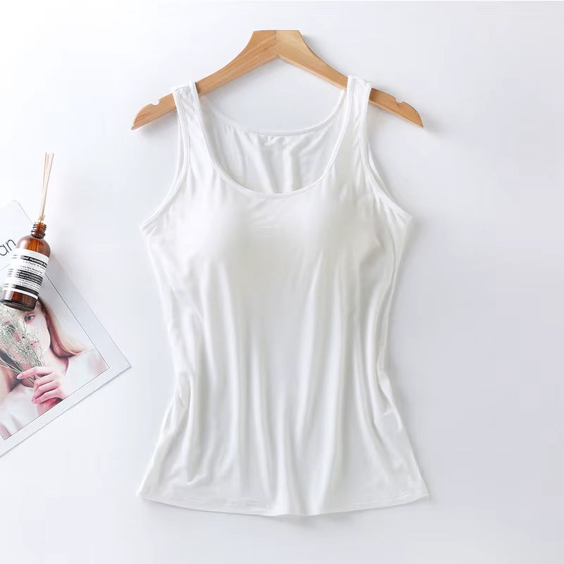 2023 Women's Slim Fit Vest Tops with Built-in Bra - Sexy Solid Color Padded Casual Tank Top