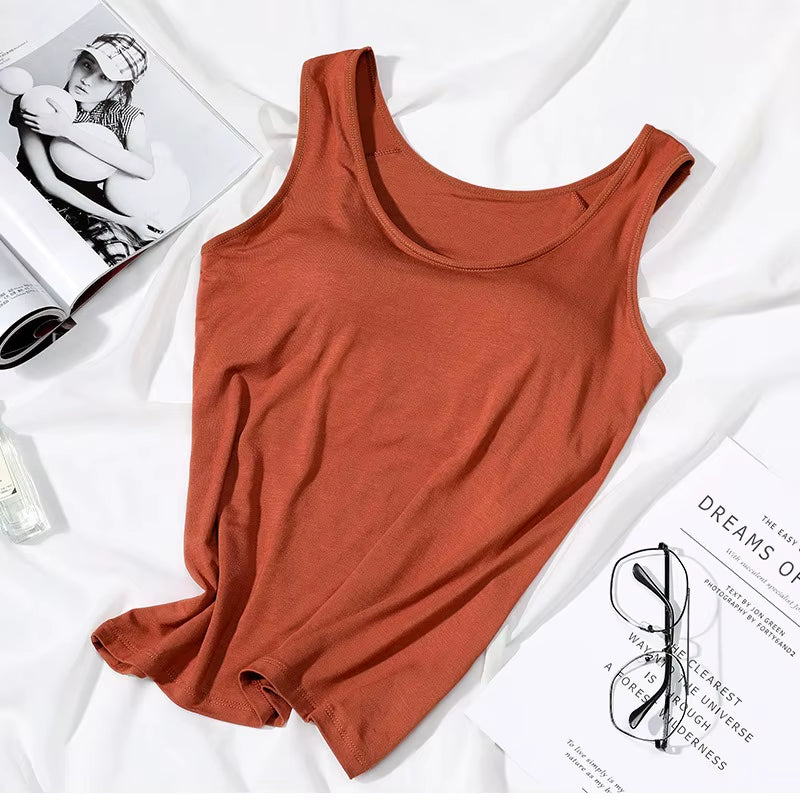 2023 Women's Slim Fit Vest Tops with Built-in Bra - Sexy Solid Color Padded Casual Tank Top
