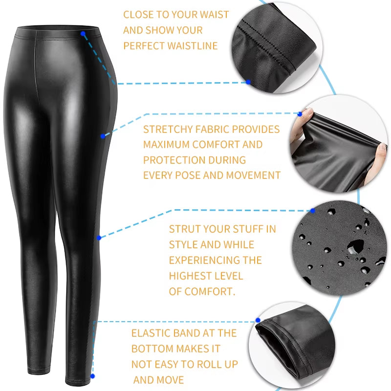Sleek & Sexy PU Faux Leather Leggings - Stretchy, Warm, Waterproof Fit for Fitness & Casual Wear!