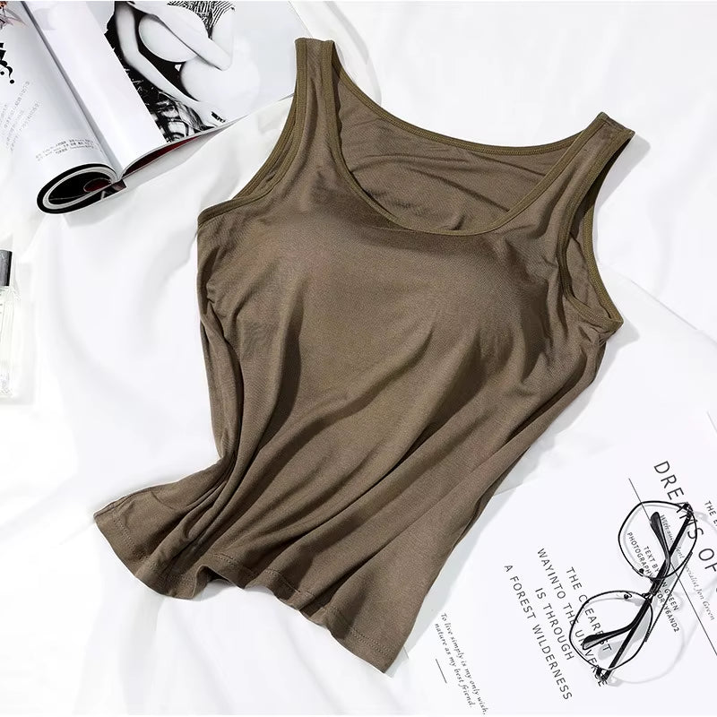 2023 Women's Slim Fit Vest Tops with Built-in Bra - Sexy Solid Color Padded Casual Tank Top