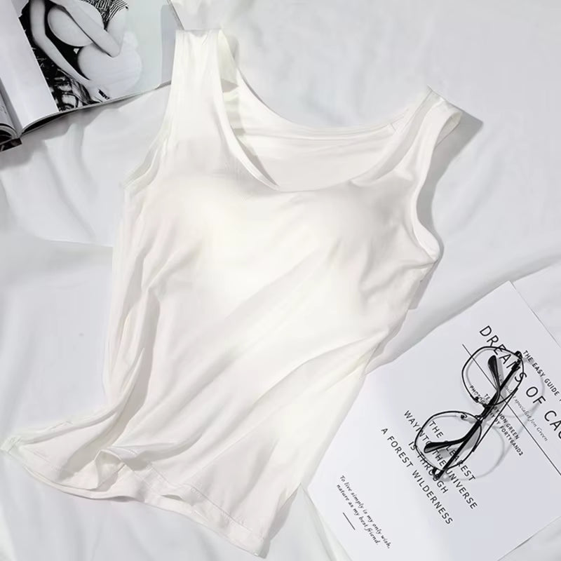 2023 Women's Slim Fit Vest Tops with Built-in Bra - Sexy Solid Color Padded Casual Tank Top