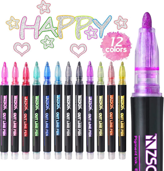 Vibrant 12-Color Shimmer Glitter Markers - Trendy Double Line Art Pens for Kids