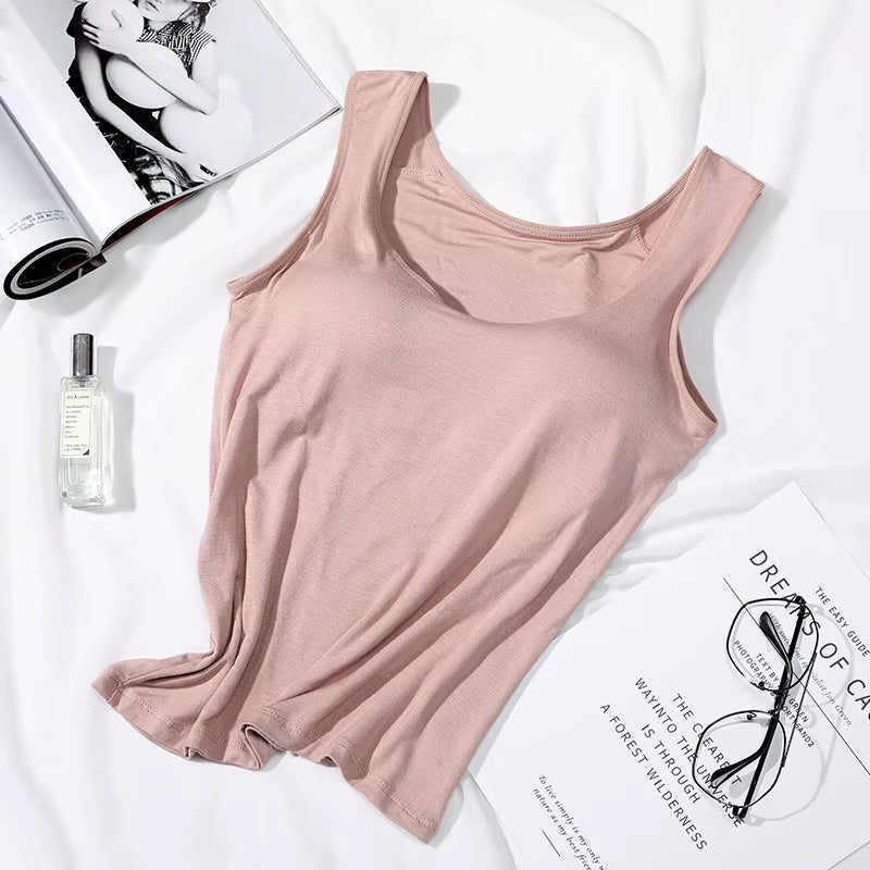 2023 Women's Slim Fit Vest Tops with Built-in Bra - Sexy Solid Color Padded Casual Tank Top