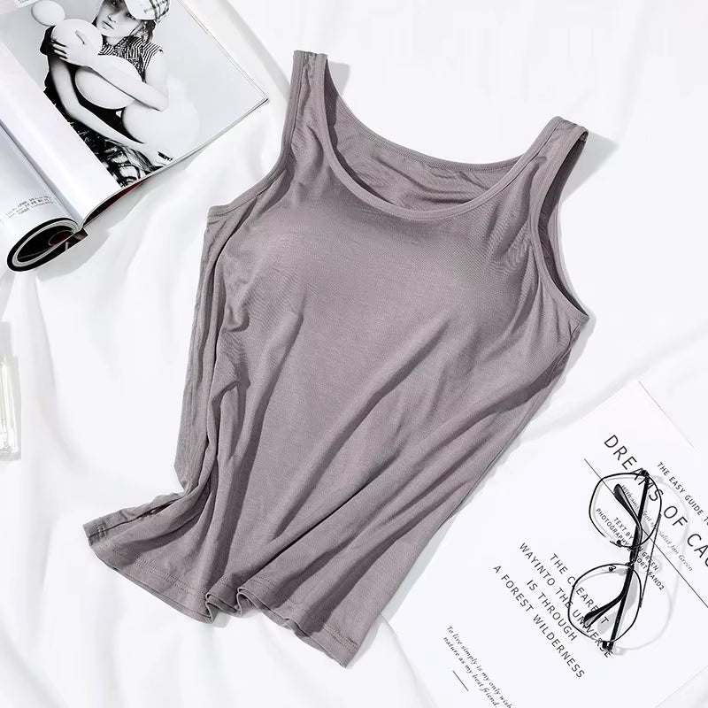 2023 Women's Slim Fit Vest Tops with Built-in Bra - Sexy Solid Color Padded Casual Tank Top