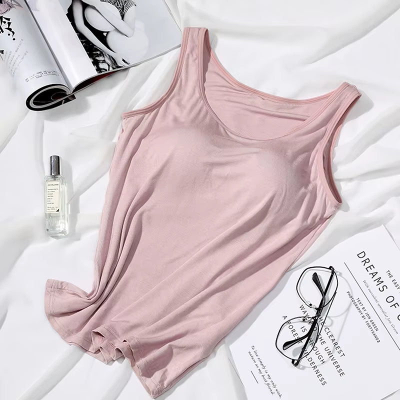 2023 Women's Slim Fit Vest Tops with Built-in Bra - Sexy Solid Color Padded Casual Tank Top