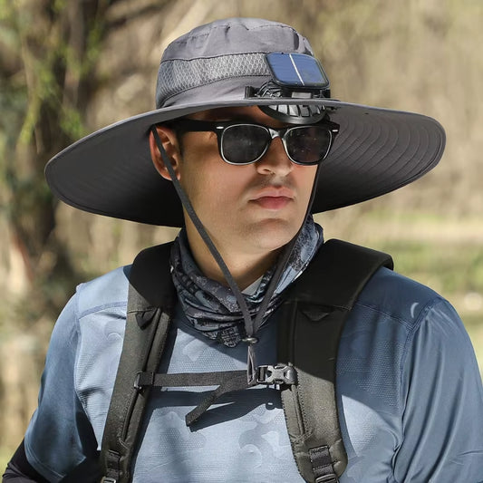 Ultimate Wide Brim Solar Fan Fishing Hat for Men - Stay Cool & Protected with UPF 50+!