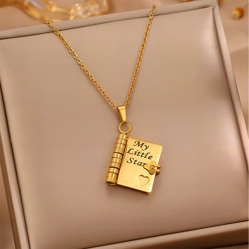 My Little Star Engraved Book Pendant Necklace for Daughter - Openable Pages Stainless Steel Birthday Gift