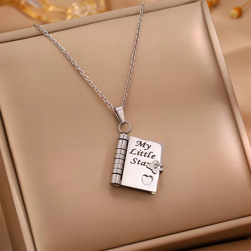 My Little Star Engraved Book Pendant Necklace for Daughter - Openable Pages Stainless Steel Birthday Gift