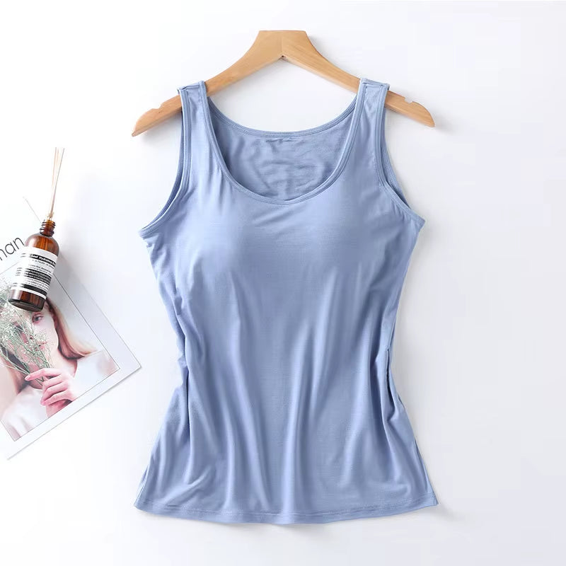 2023 Women's Slim Fit Vest Tops with Built-in Bra - Sexy Solid Color Padded Casual Tank Top
